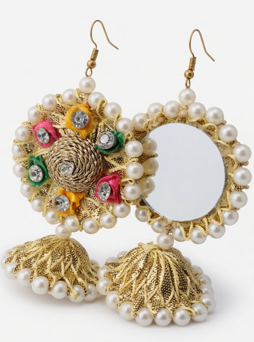 Colorful Pearl Mirror Jhumka Earrings for Women | Traditional Gold Multi-Color Statement Jhumkas