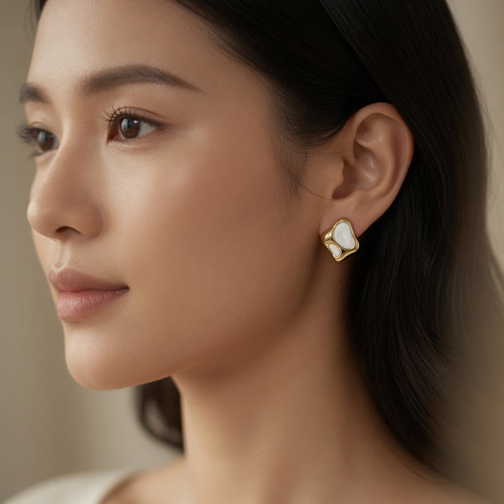 White Irregular Abstract Earrings - Gold Plated Stainless Steel | Modern Stud Earrings