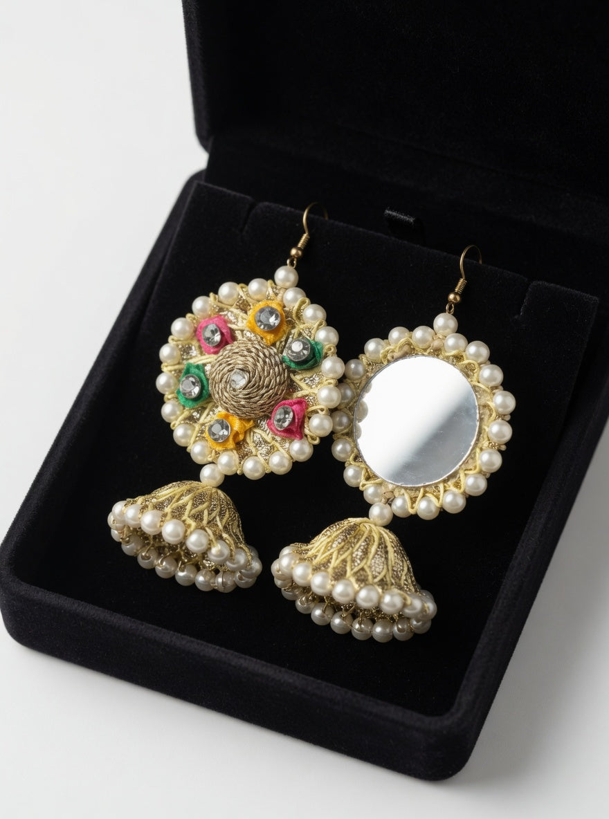 Colorful Pearl Mirror Jhumka Earrings for Women | Traditional Gold Multi-Color Statement Jhumkas