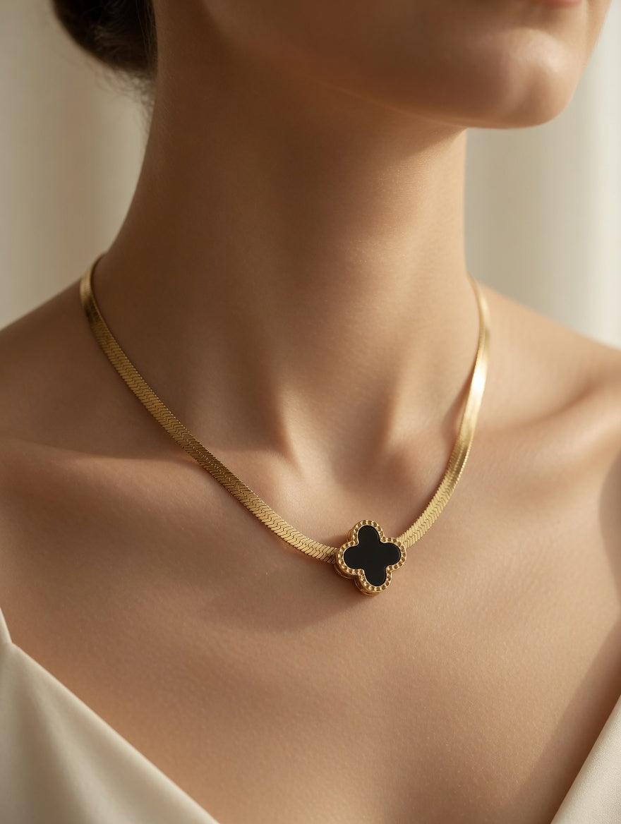 Gold Black Clover Necklace for Women | Four Leaf Clover Pendant Necklace | Lucky Charm Jewelry