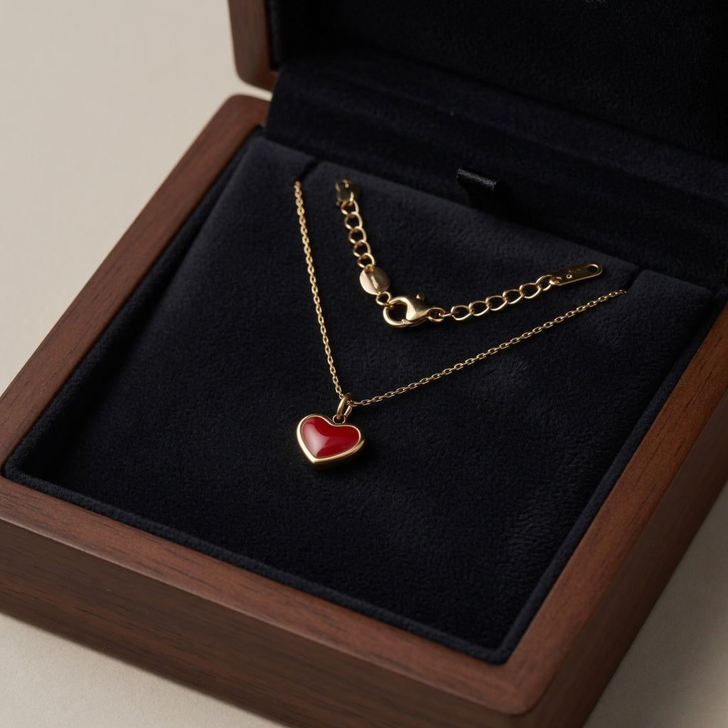 Gold Red Heart Pendant Necklace for Women | Dainty Small Heart Necklace | Minimalist Gold Necklace