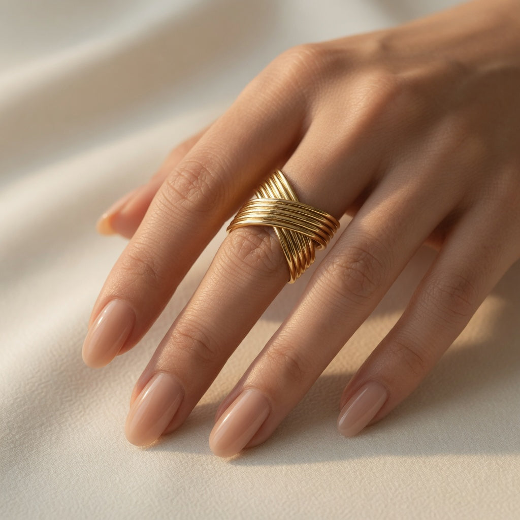 Gold Criss Cross Multi-Line Open Adjustable Ring for Women | Statement Wrap Around Ring