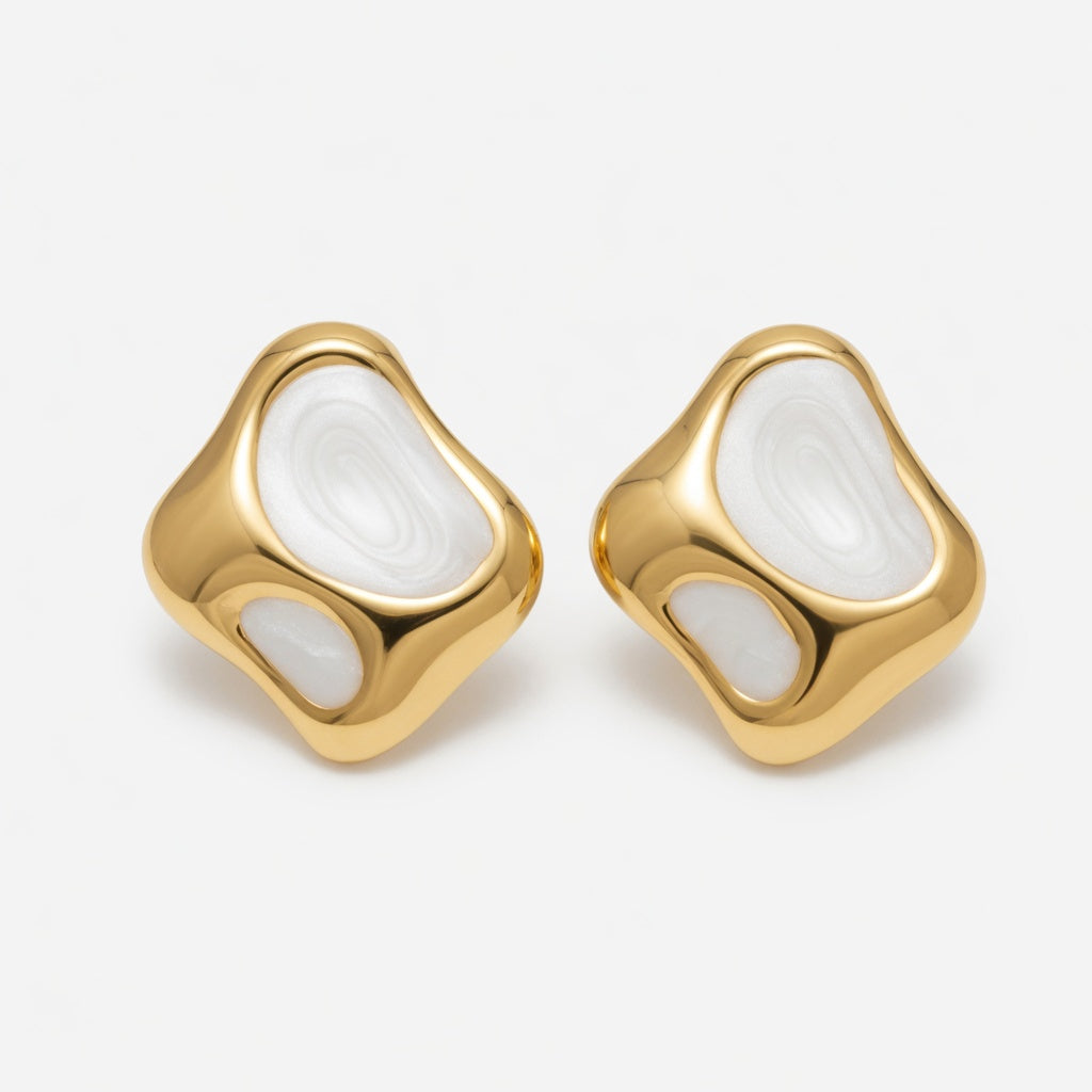White Irregular Abstract Earrings - Gold Plated Stainless Steel | Modern Stud Earrings